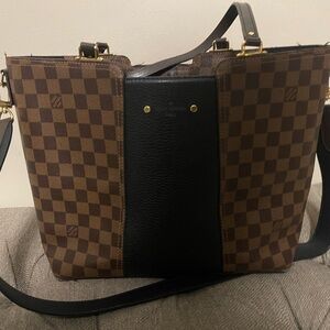 Brown Checkerboard Tote with Black Center Panel